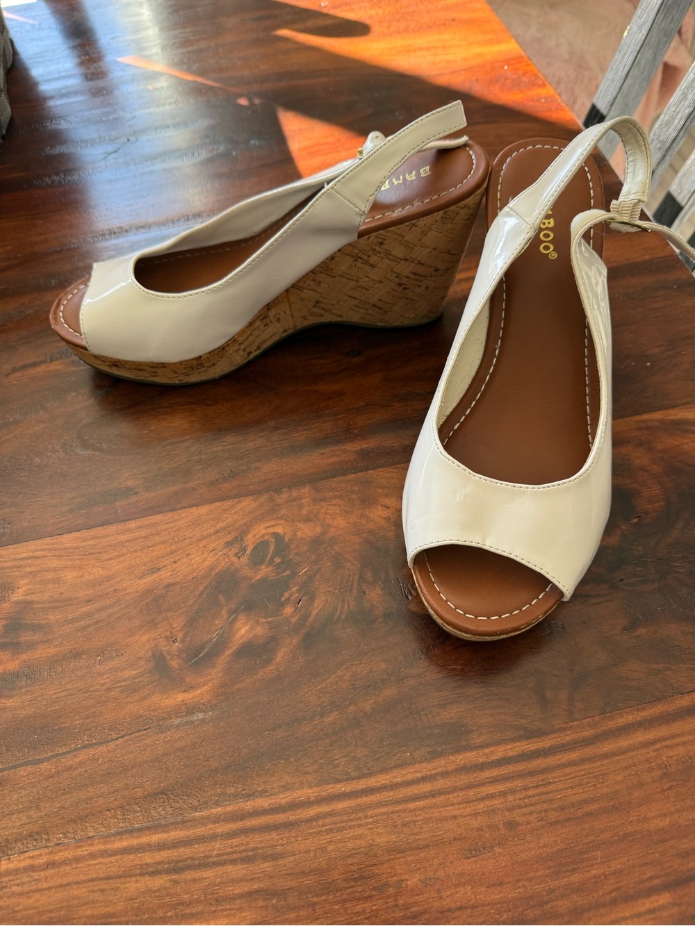 BAMBOO Cream Patent Open-Toe Cork Wedge Sandals